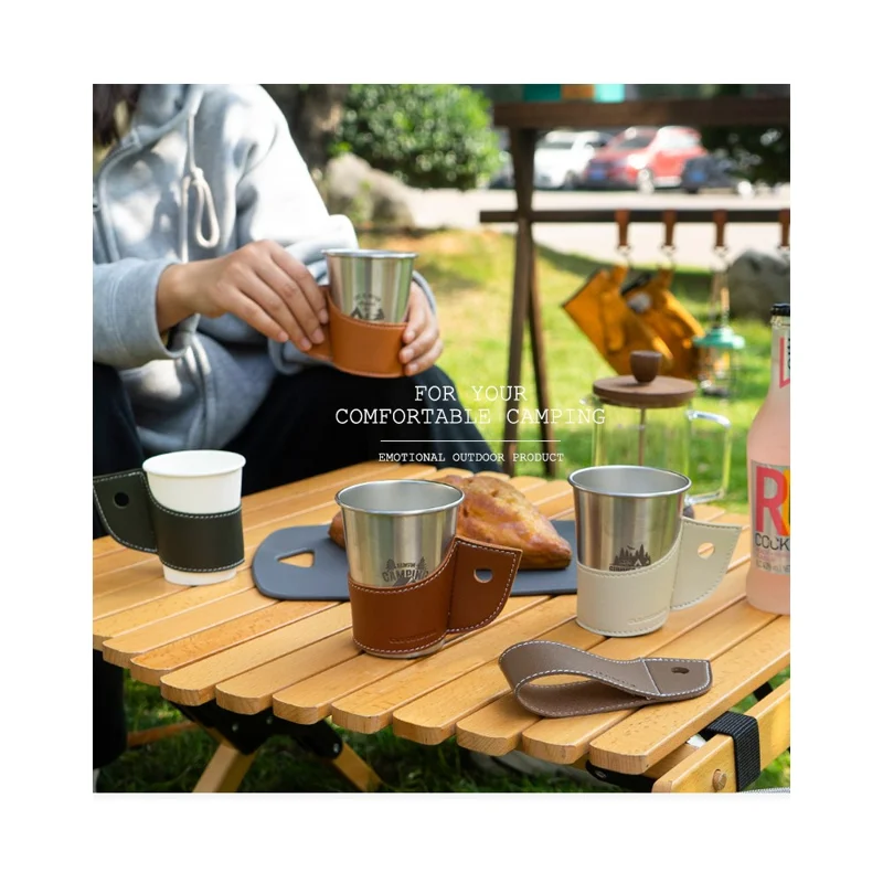 Manchon en cuir PU CLS Outdoor pour tasse de camping, pique-nique et BBQ - Protection contre la chaleur et les brûlures - Marron clair