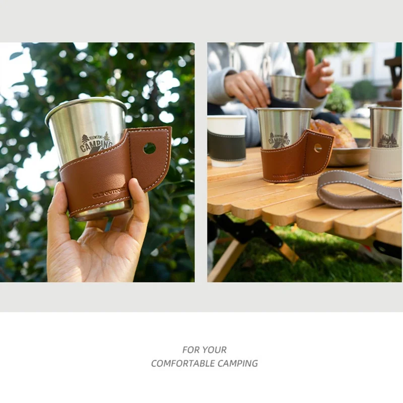 Manchon en cuir PU CLS Outdoor pour tasse de camping, pique-nique et BBQ - Protection contre la chaleur et les brûlures - Marron clair