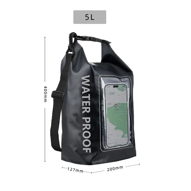 Borsa Impermeabile da 5L Dry Bag 500D PVC per Nuoto e Attività Outdoor, Grande Capacità con Protezione per Telefono, Tracolla - Nero