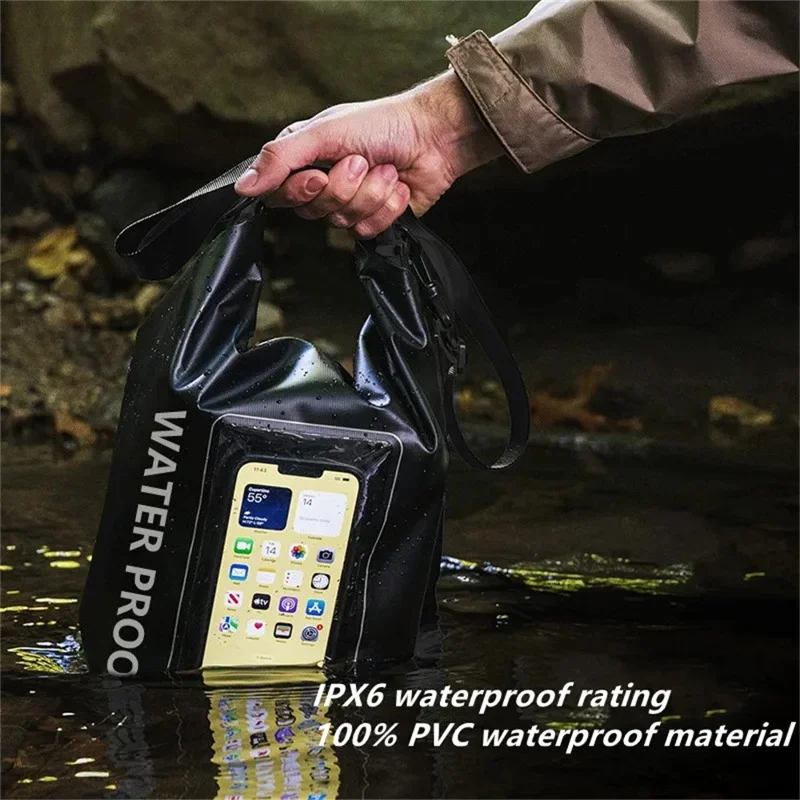 Borsa Impermeabile da 5L Dry Bag 500D PVC per Nuoto e Attività Outdoor, Grande Capacità con Protezione per Telefono, Tracolla - Nero