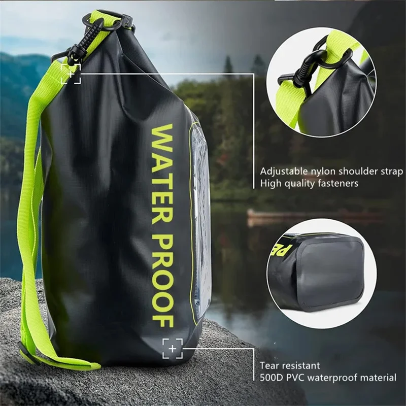Borsa Impermeabile da 5L Dry Bag 500D PVC per Nuoto e Attività Outdoor, Grande Capacità con Protezione per Telefono, Tracolla - Nero