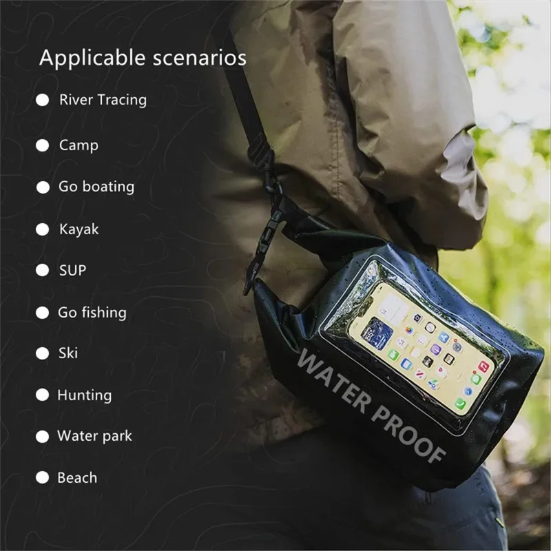 Borsa Impermeabile da 5L Dry Bag 500D PVC per Nuoto e Attività Outdoor, Grande Capacità con Protezione per Telefono, Tracolla - Nero