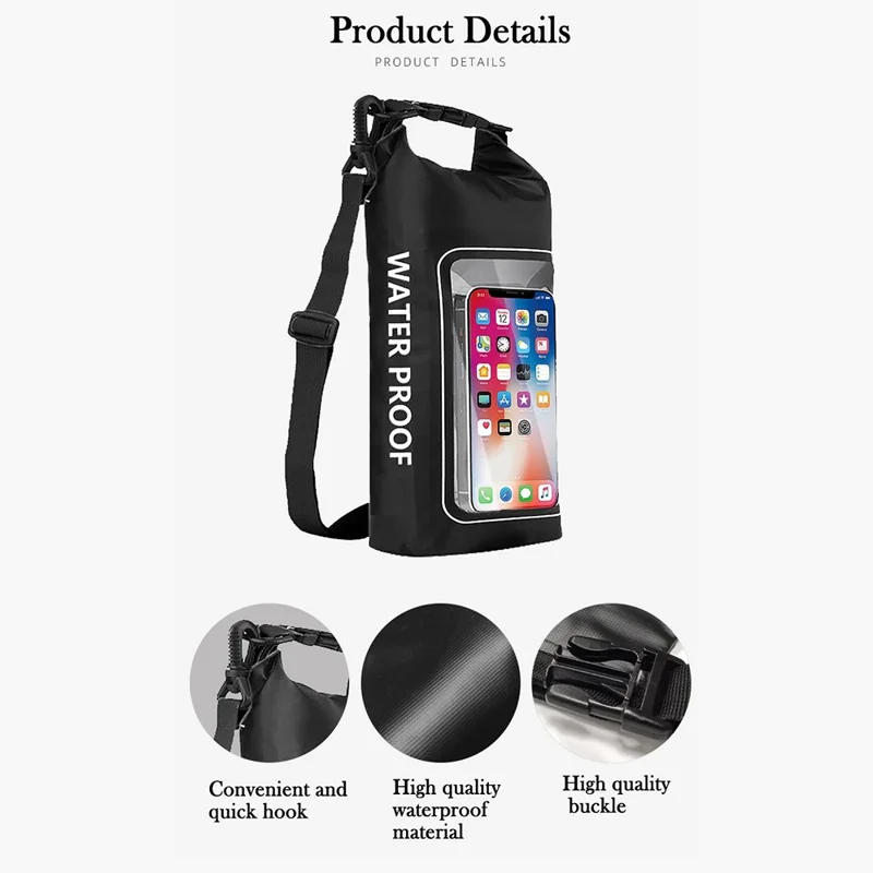 Borsa Impermeabile da 5L Dry Bag 500D PVC per Nuoto e Attività Outdoor, Grande Capacità con Protezione per Telefono, Tracolla - Nero