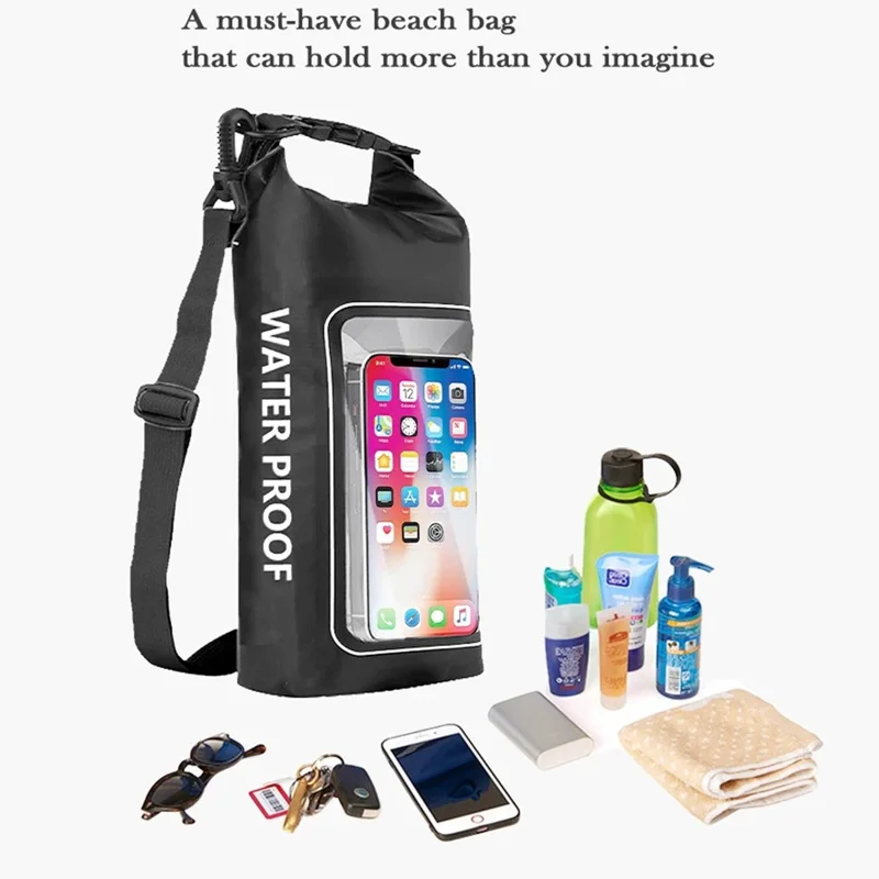 Borsa Impermeabile da 5L Dry Bag 500D PVC per Nuoto e Attività Outdoor, Grande Capacità con Protezione per Telefono, Tracolla - Nero