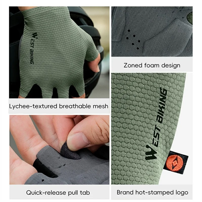 WEST BIKING YP0211268 Luvas Profissionais de Ciclismo com Absorção de Impacto e Respiráveis - Verde Militar / M