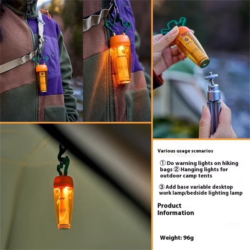 Möhrenförmige Outdoor-Campinglampe mit 4 Modi, stufenloser Dimming, USB-aufladbar, Zelt-Picknick-Magnetlampe - Orange