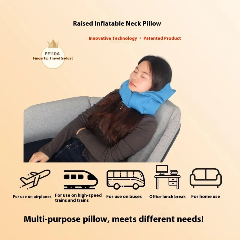 PICTET.FINO PF110A Inflatable Neck Pillow Extended Height Compact Travel Cushion for Home / Outdoor - Blue