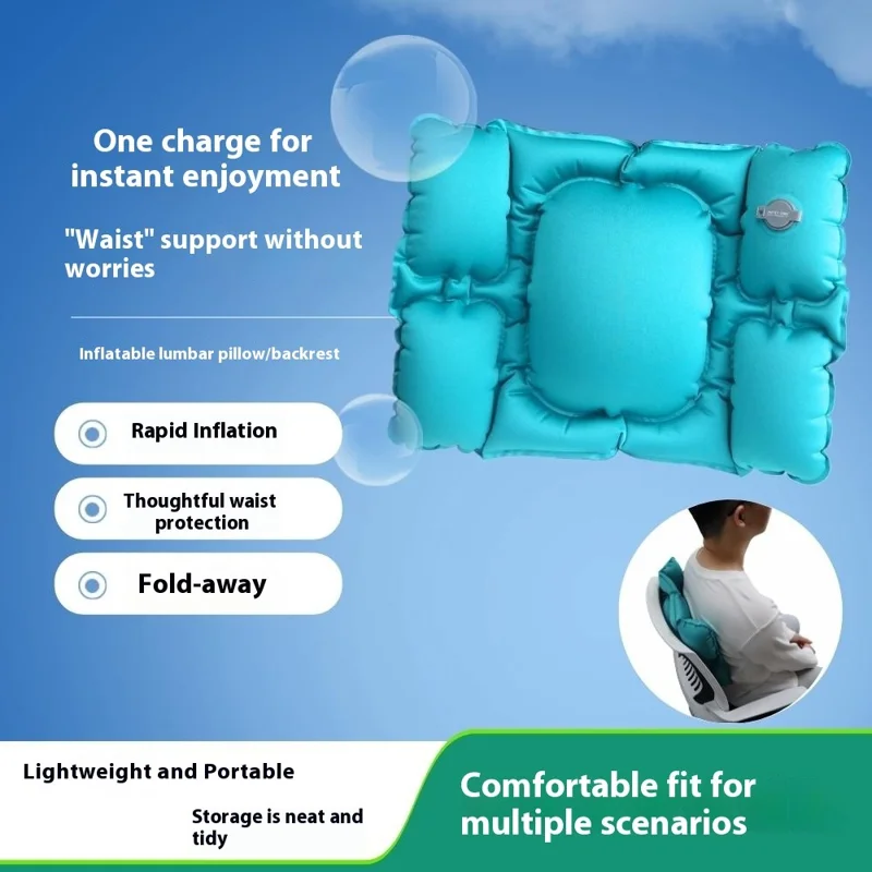 PICTET.FINO PF112B Inflatable Lumbar Pillow Ergonomic Design Crystal Velvet S-Curve Support for Car / Office Chair - Lake Blue