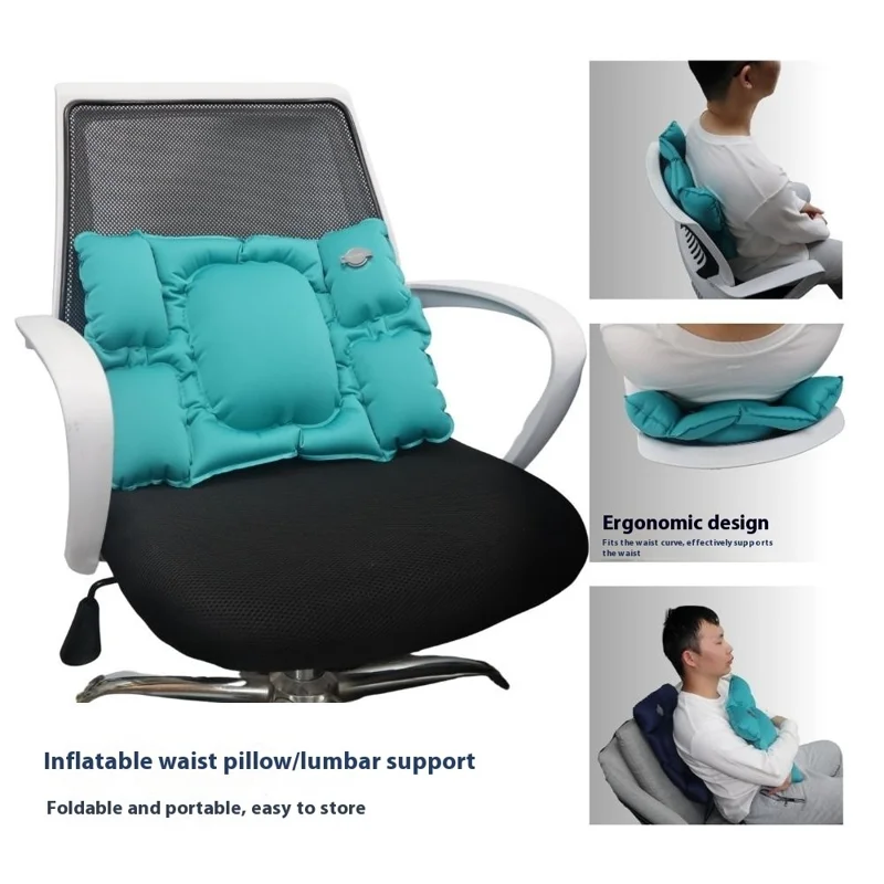 PICTET.FINO PF112B Inflatable Lumbar Pillow Ergonomic Design Crystal Velvet S-Curve Support for Car / Office Chair - Lake Blue