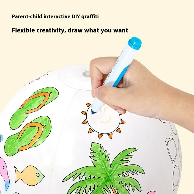 30cm Diameter Creative DIY Inflatable Beach Ball with 4 Markers Doodle Drawing Toy for Kids