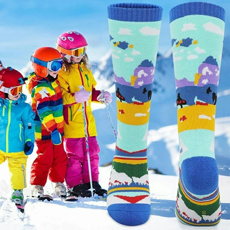 PORFIN Größe XS Bunte Winterthermosocken für Kinder, Schweißableitend, Lange Röhrensocken, für Schuhgröße 27-30 - Aqua / Dunkelblau