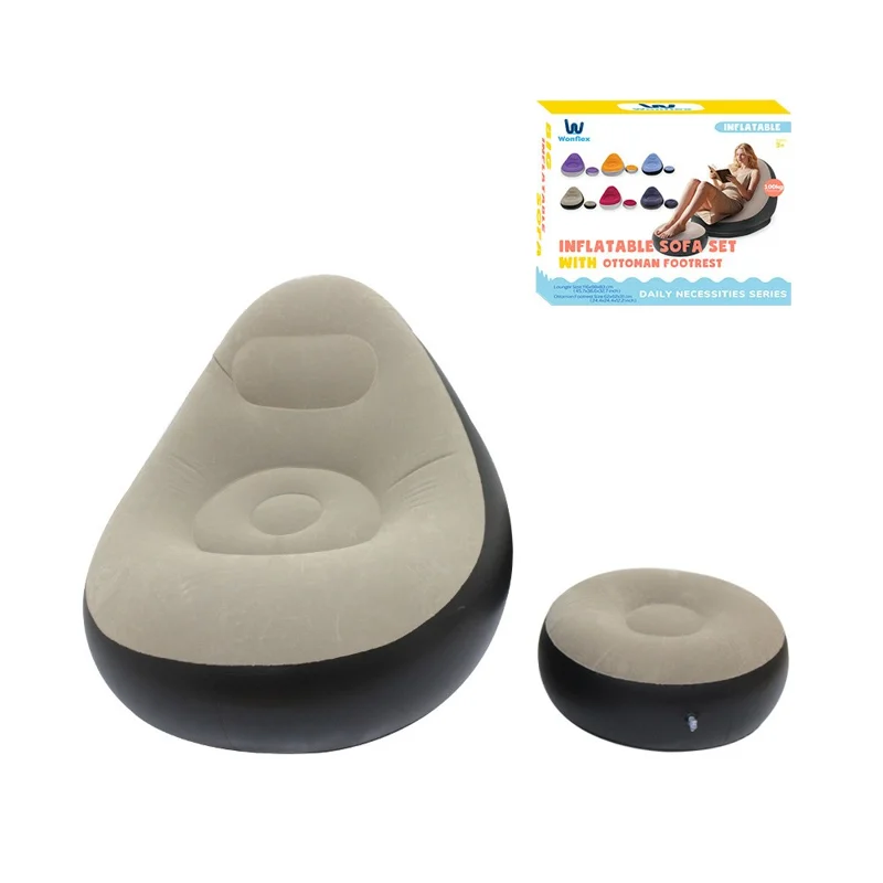G091 Inflatable Sofa with Footstool Flocked PVC Lazy Chair U-Shaped Backrest for Indoor Outdoor Use - Grey