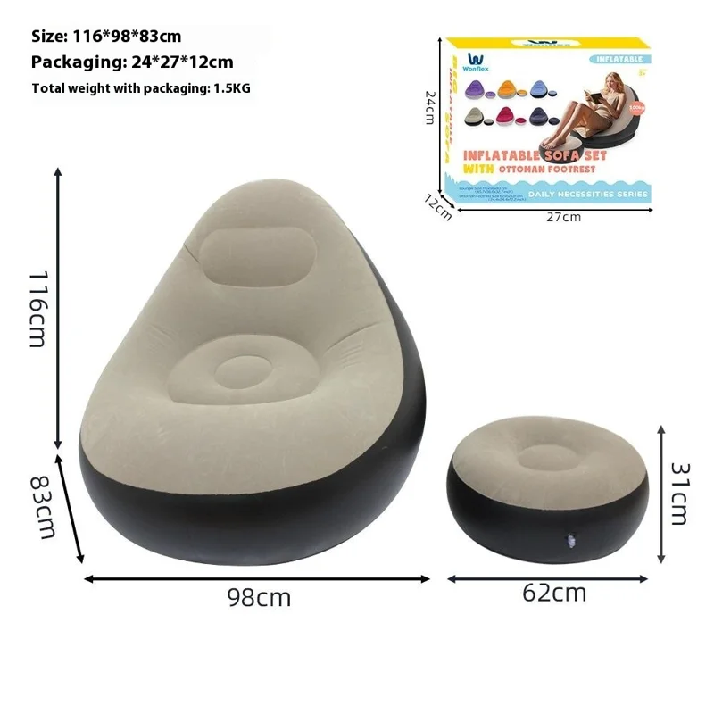 G091 Inflatable Sofa with Footstool Flocked PVC Lazy Chair U-Shaped Backrest for Indoor Outdoor Use - Grey