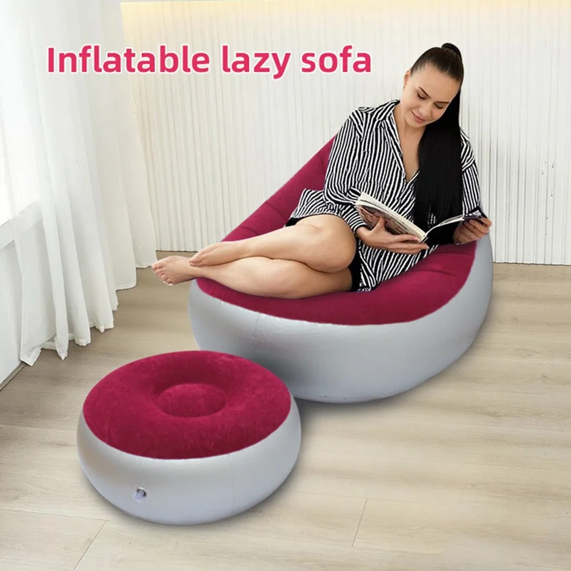 G091 Inflatable Sofa with Footstool Flocked PVC Lazy Chair U-Shaped Backrest for Indoor Outdoor Use - Grey