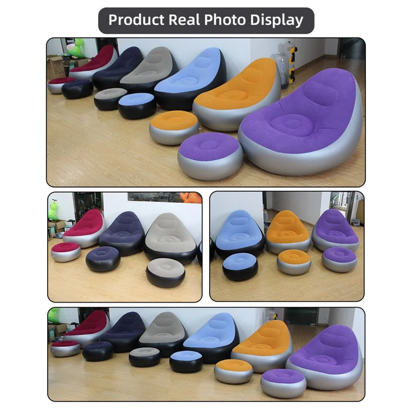 G091 Inflatable Sofa with Footstool Flocked PVC Lazy Chair U-Shaped Backrest for Indoor Outdoor Use - Grey