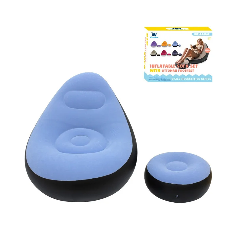 G091 Inflatable Sofa with Footstool Flocked PVC Lazy Chair U-Shaped Backrest for Indoor Outdoor Use - Sky Blue