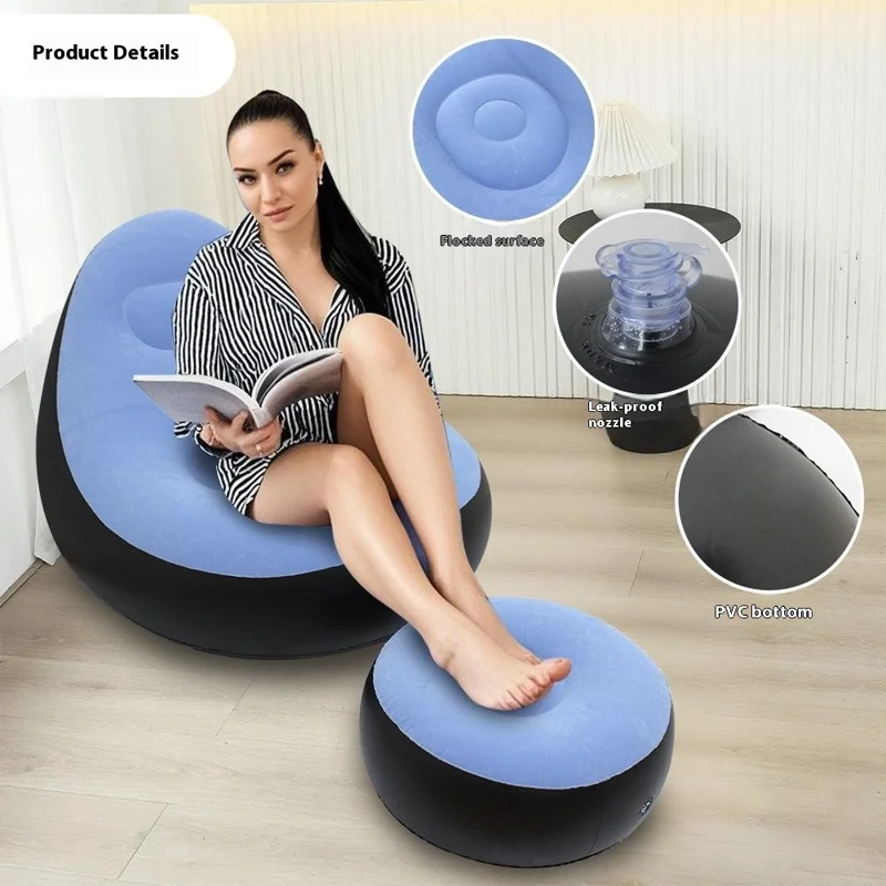 G091 Inflatable Sofa with Footstool Flocked PVC Lazy Chair U-Shaped Backrest for Indoor Outdoor Use - Sky Blue