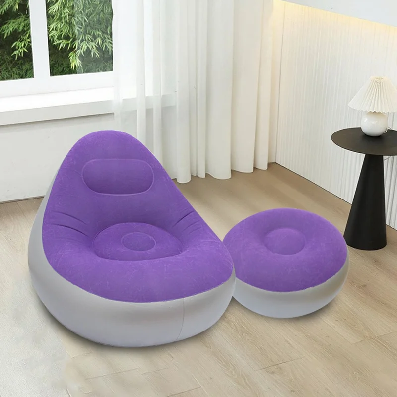 G091 Inflatable Sofa with Footstool Flocked PVC Lazy Chair U-Shaped Backrest for Indoor Outdoor Use - Sky Blue