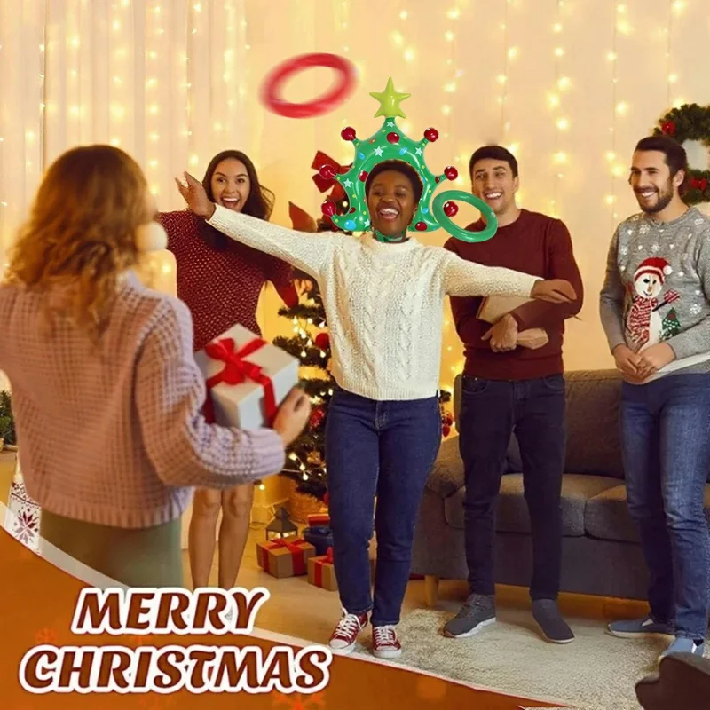 PVC Inflatable Christmas Tree Hat with 4 Rings Game Xmas Party Toss Game Set