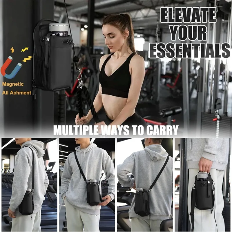 Portabottiglie magnetico per borraccia da palestra, fitness e viaggio - Borsa porta bottiglia e telefono a tracolla - Nero
