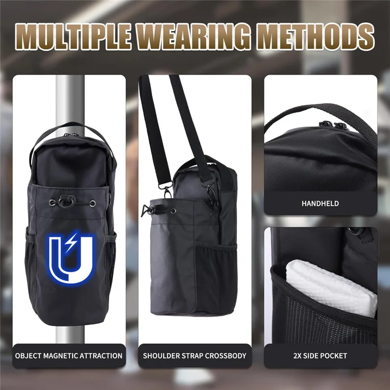 Portabottiglie magnetico per borraccia da palestra, fitness e viaggio - Borsa porta bottiglia e telefono a tracolla - Nero