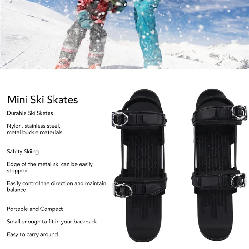 1 Par de Mini Patins de Esqui para Esportes de Inverno Externos, Raquetes de Neve Portáteis para Adultos, Tamanho de Sapato 35-48 - Preto