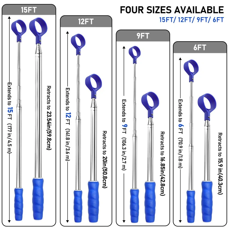 BR012 Recogedor telescópico de pelotas de golf de 12 pies / 3,66 m de acero inoxidable para campo de golf - Azul