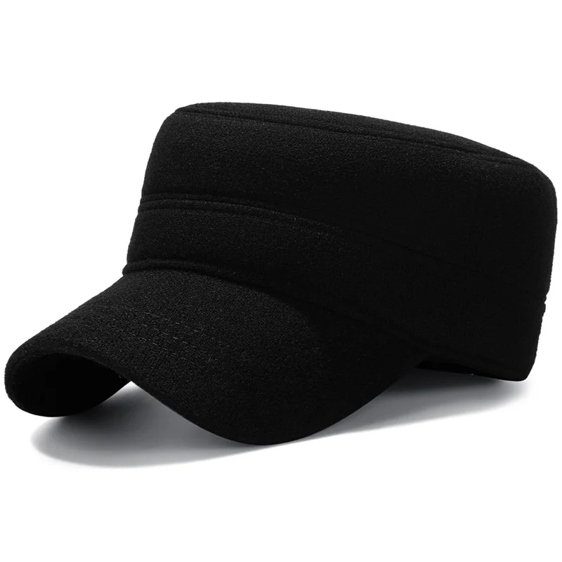 Winter Solid Color Flat Top Cap Thermal Fleece Lined Military Hat Built In Windproof Ear Flaps - Black