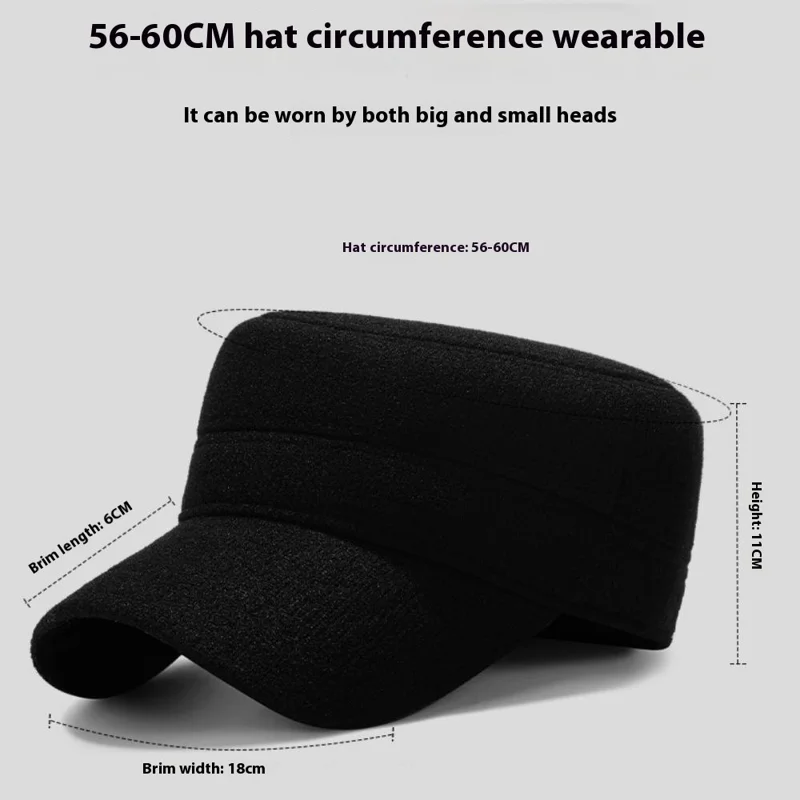 Winter Solid Color Flat Top Cap Thermal Fleece Lined Military Hat Built In Windproof Ear Flaps - Black