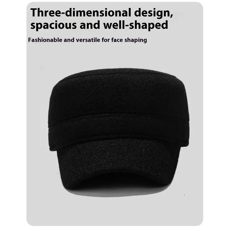 Winter Solid Color Flat Top Cap Thermal Fleece Lined Military Hat Built In Windproof Ear Flaps - Black