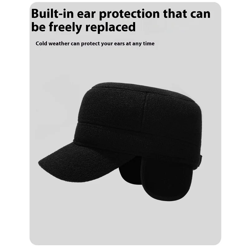 Winter Solid Color Flat Top Cap Thermal Fleece Lined Military Hat Built In Windproof Ear Flaps - Black