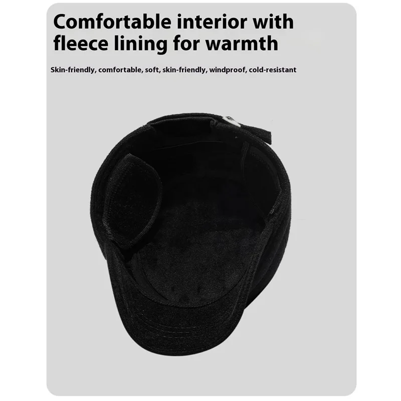 Winter Solid Color Flat Top Cap Thermal Fleece Lined Military Hat Built In Windproof Ear Flaps - Black