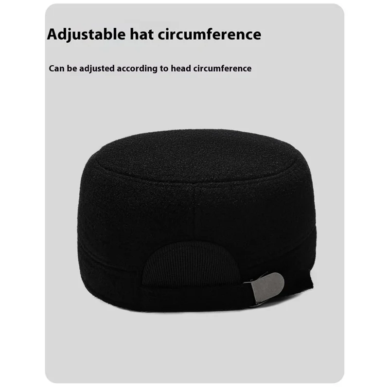 Winter Solid Color Flat Top Cap Thermal Fleece Lined Military Hat Built In Windproof Ear Flaps - Black