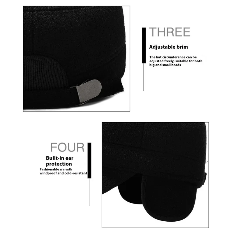 Winter Solid Color Flat Top Cap Thermal Fleece Lined Military Hat Built In Windproof Ear Flaps - Black
