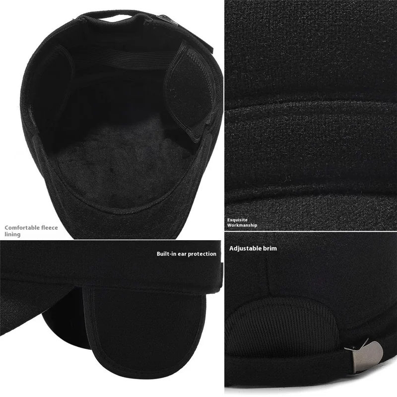 Winter Solid Color Flat Top Cap Thermal Fleece Lined Military Hat Built In Windproof Ear Flaps - Black