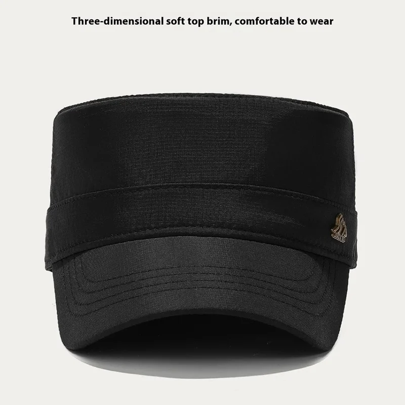 JUNGLE BILL Fashion Casual Flat Top Cap Outdoor Quick Dry Waterproof Sun Protection Hat with Metal Badge - Black