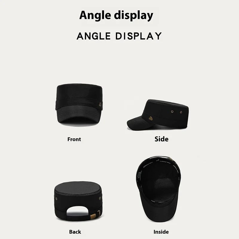 JUNGLE BILL Fashion Casual Flat Top Cap Outdoor Quick Dry Waterproof Sun Protection Hat with Metal Badge - Black