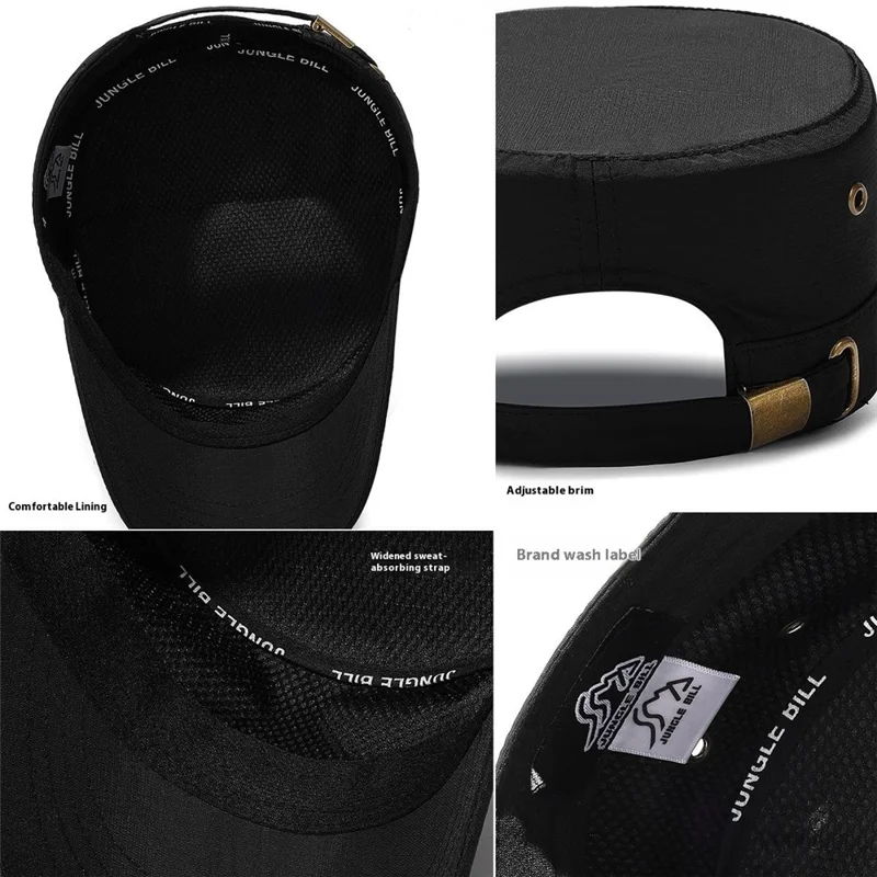 JUNGLE BILL Fashion Casual Flat Top Cap Outdoor Quick Dry Waterproof Sun Protection Hat with Metal Badge - Black