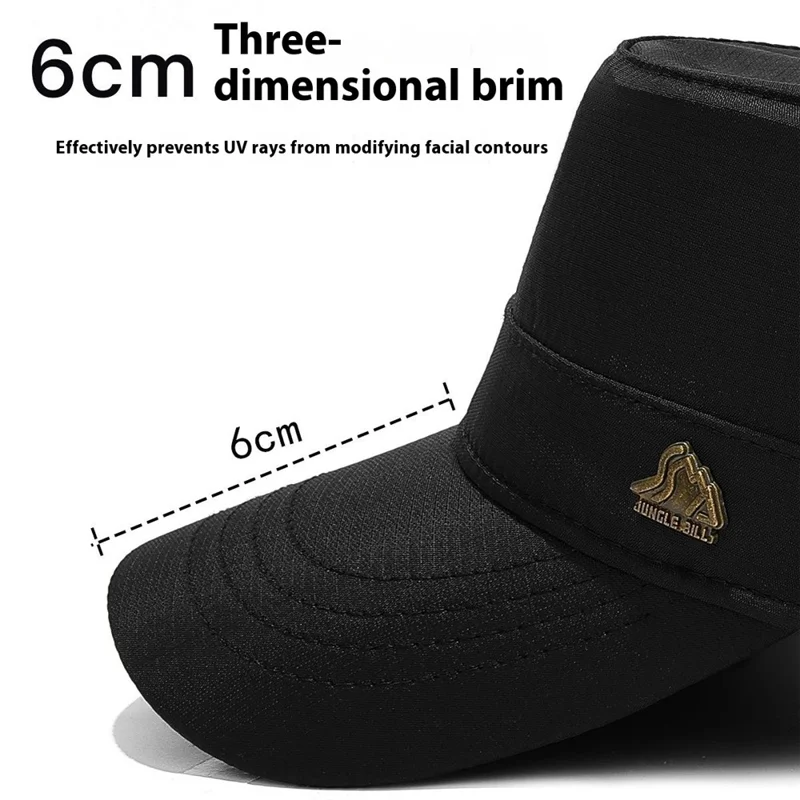 JUNGLE BILL Fashion Casual Flat Top Cap Outdoor Quick Dry Waterproof Sun Protection Hat with Metal Badge - Black