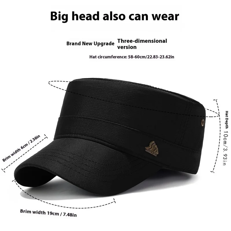 JUNGLE BILL Fashion Casual Flat Top Cap Outdoor Quick Dry Waterproof Sun Protection Hat with Metal Badge - Black