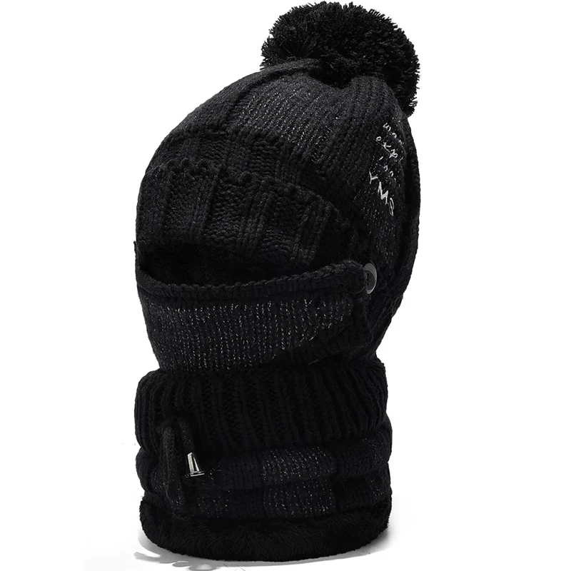2025D14 Winter Windproof Knit Beanie Hat Face Mask Neck Warmer 3-Piece Set - Black