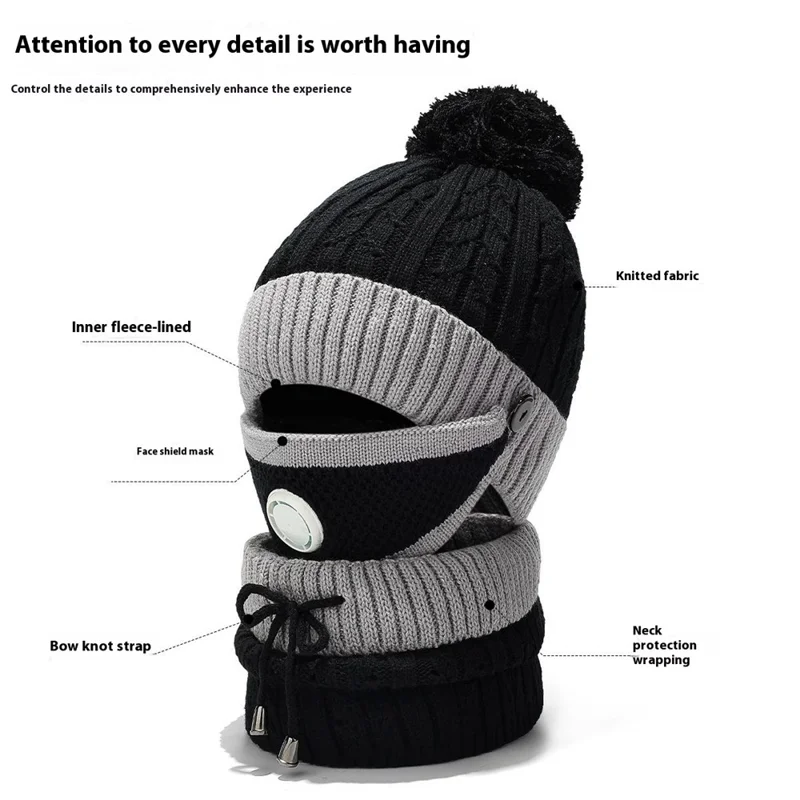 2025D14 Winter Windproof Knit Beanie Hat Face Mask Neck Warmer 3-Piece Set - Black