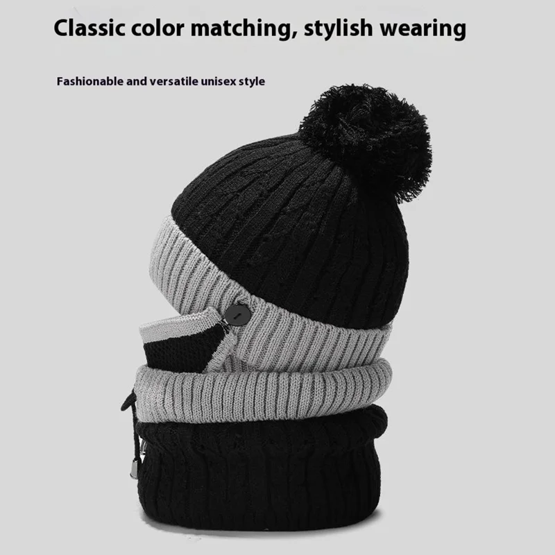 2025D14 Winter Windproof Knit Beanie Hat Face Mask Neck Warmer 3-Piece Set - Black