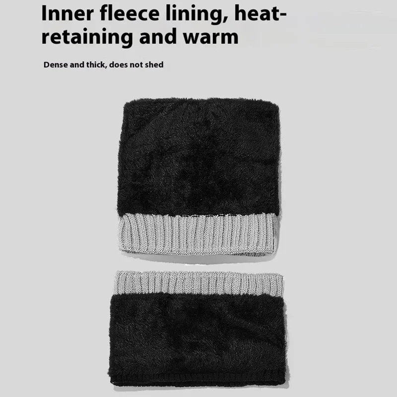 2025D14 Winter Windproof Knit Beanie Hat Face Mask Neck Warmer 3-Piece Set - Black