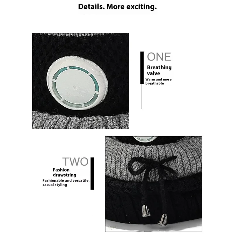 2025D14 Winter Windproof Knit Beanie Hat Face Mask Neck Warmer 3-Piece Set - Black