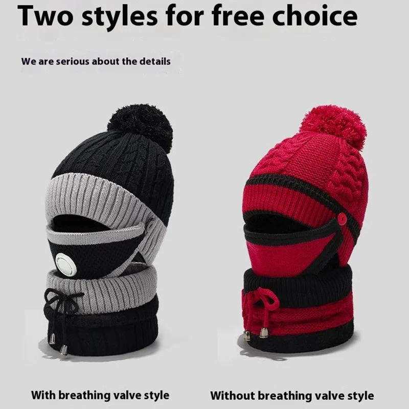 2025D14 Winter Windproof Knit Beanie Hat Face Mask Neck Warmer 3-Piece Set - Black