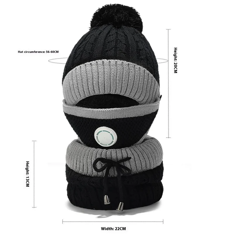 2025D14 Winter Windproof Knit Beanie Hat Face Mask Neck Warmer 3-Piece Set - Black