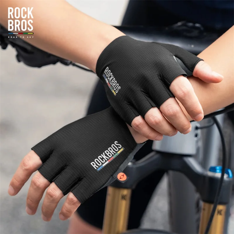 ROCKBROS 1 Paar Rennrad Mountainbike Fahrradhandschuhe Halbfinger Stoßdämpfende Handinnenfläche Sporthandschuhe - Schwarz S
