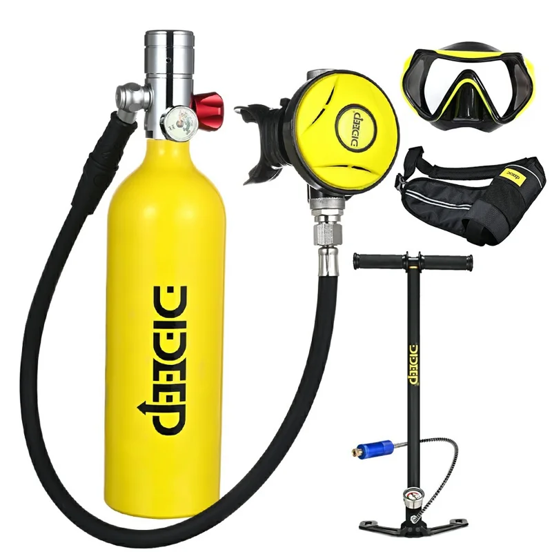DIDEEP X4000Pro Unterwasser-Atemgerät 1L Tragbarer Tauchsauerstofftank mit Schultergurt Taucherbrille Aufblasgerät - Gelb+Silber