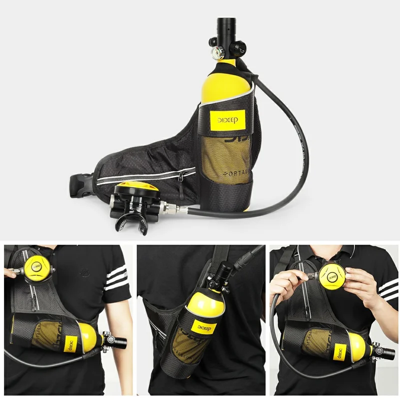 DIDEEP X4000Pro Unterwasser-Atemgerät 1L Tragbarer Tauchsauerstofftank mit Schultergurt Taucherbrille Aufblasgerät - Gelb+Silber